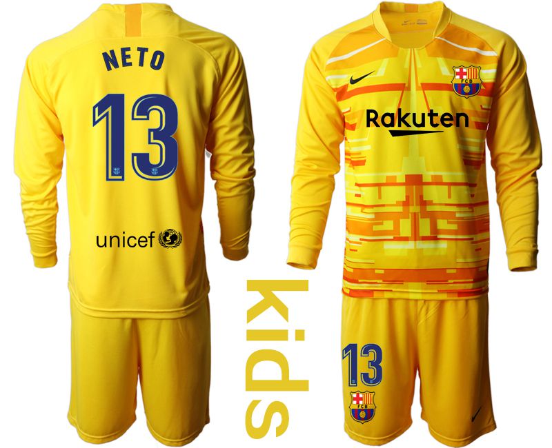 Youth 2019-2020 club Barcelona yellow goalkeeper long sleeve #13 Soccer Jerseys